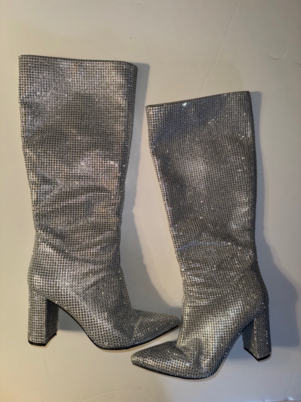 Mix No. 6 Silver Rhinestone Knee-High Block Heel Boots